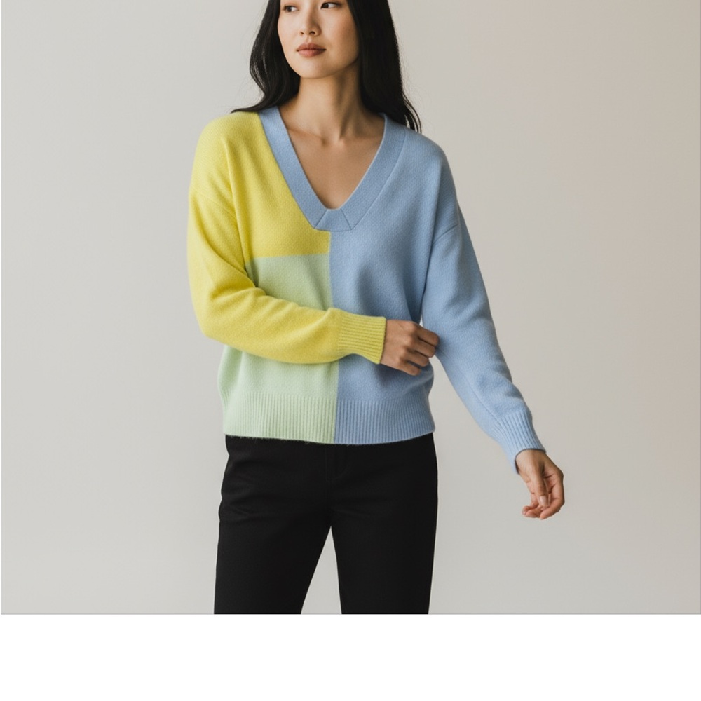 Crush Color Block V-Neck Cashmere Sweater XS